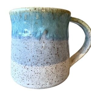 Handmade Studio Pottery Mug Blue Speckled Reactive Drip Glaze Stoneware 16oz